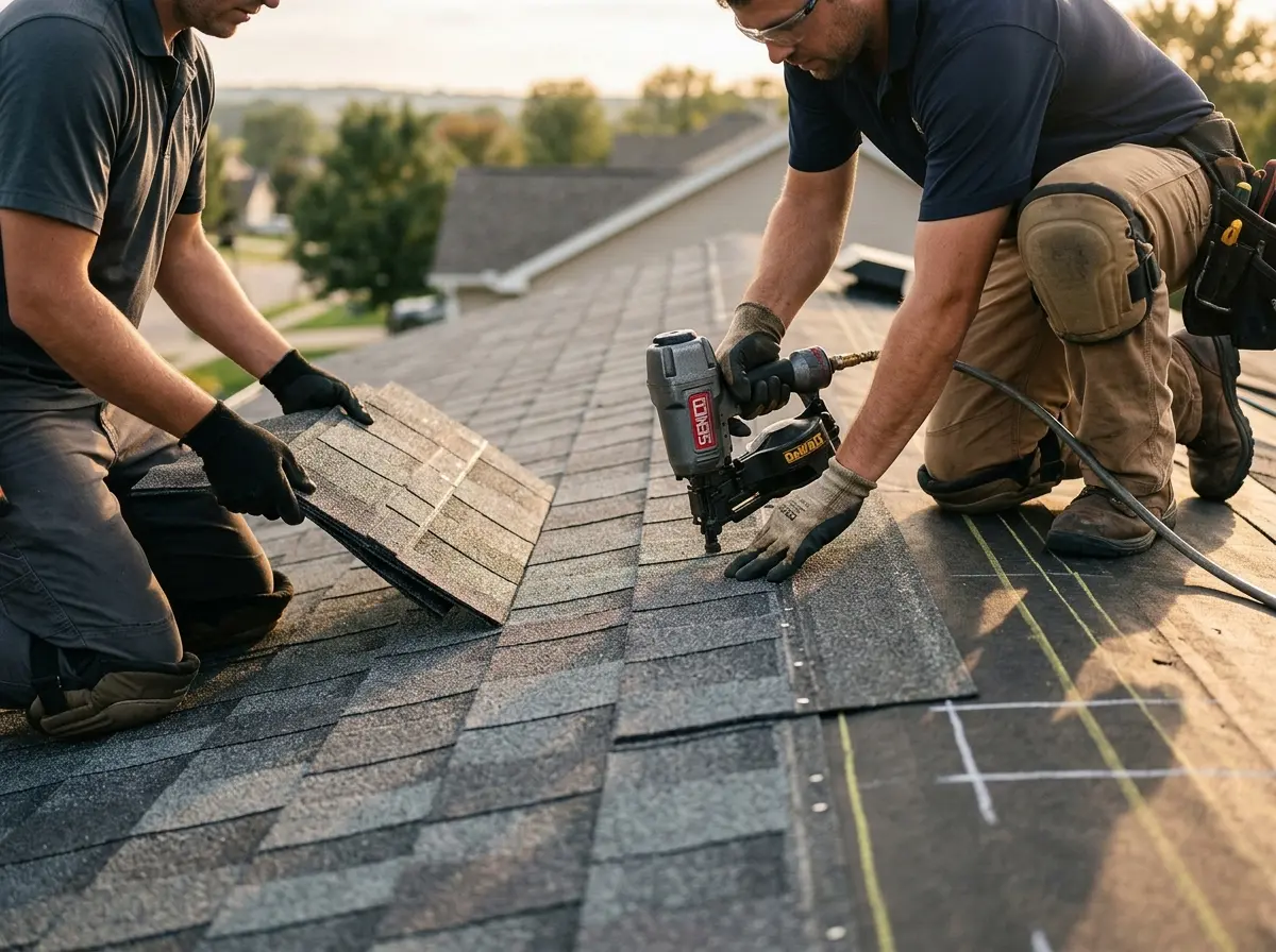 Professional roofer working on a residential roof in Kannapolis